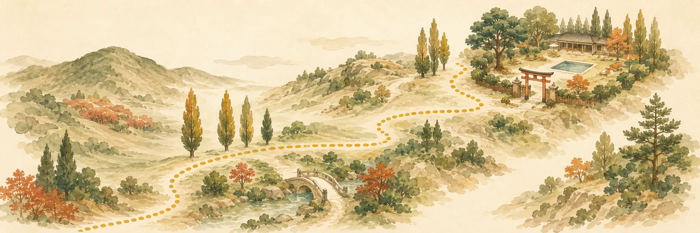 Mapa ilustrado del camino hacia la parcela, con el torii de entrada